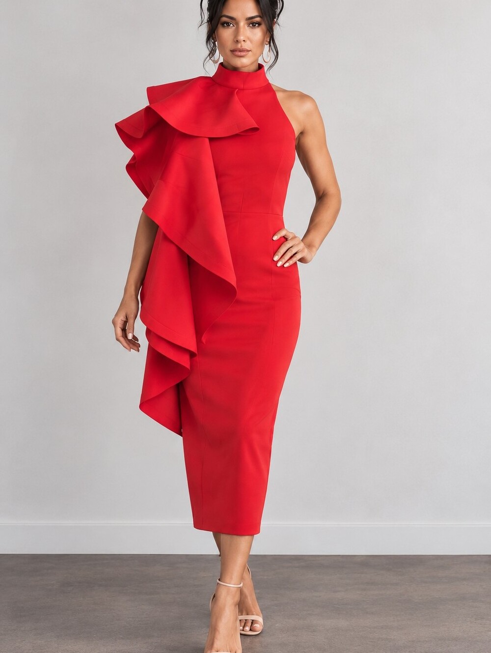 CQ By CQ NEW Red One-Shoulder Ruffle Midi Dress